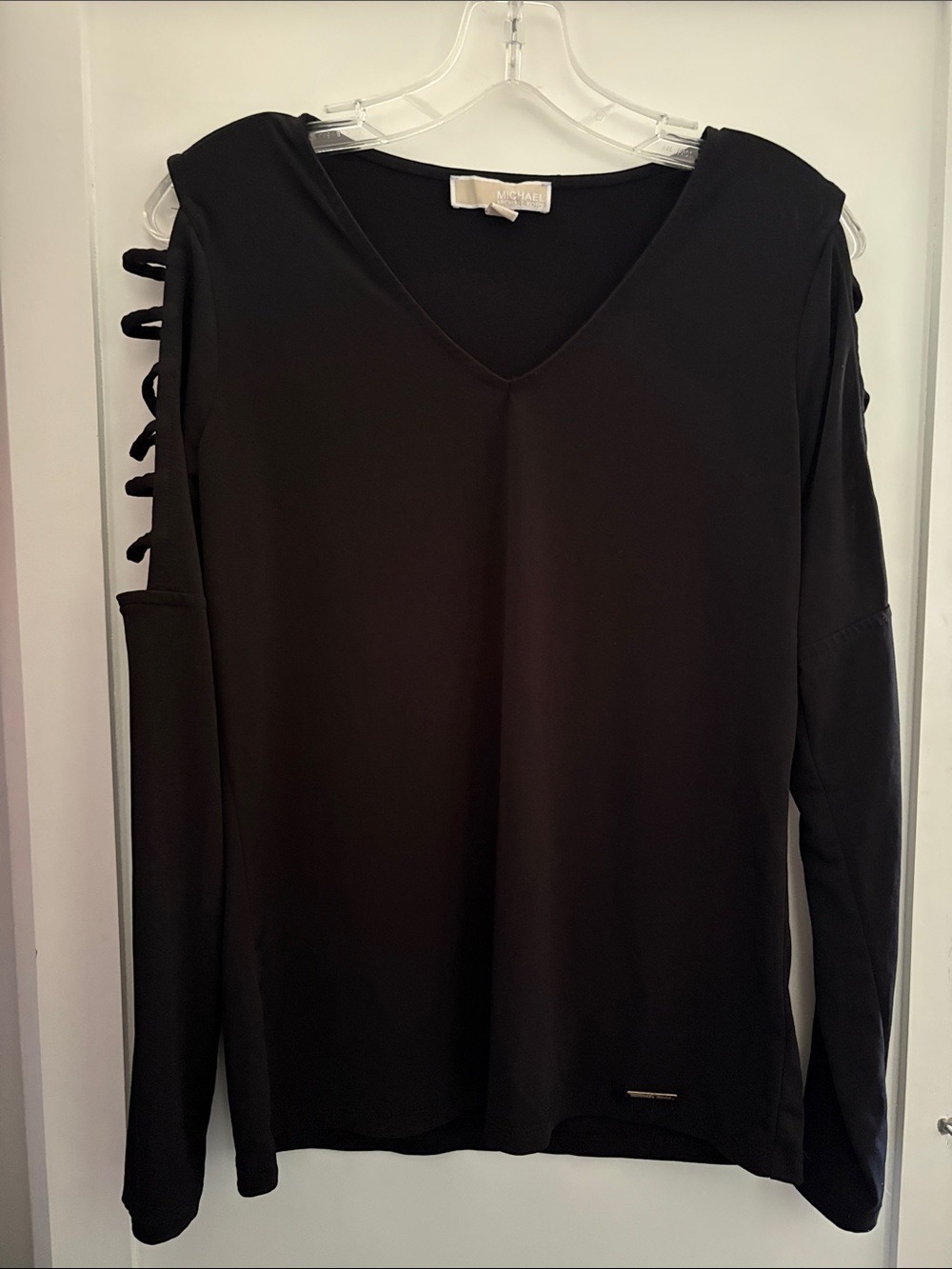 Michael Kors Black Long-Sleeve V-Neck Top with Ladder Shoulder Detail